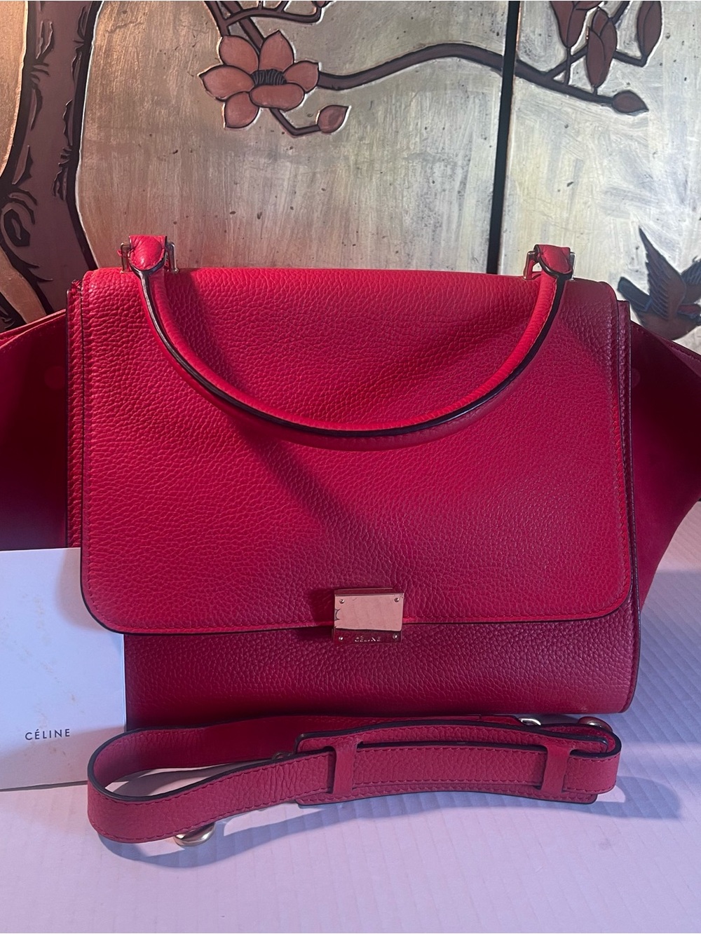 Celine Trapeze is Orange Red Leather Shoulder Bag with Detachable Strap
